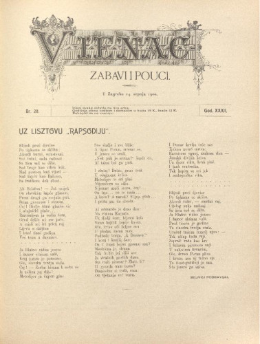 Vienac : zabavi i pouci. : 32,28(1900) / uredjuje Gjuro Arnold.