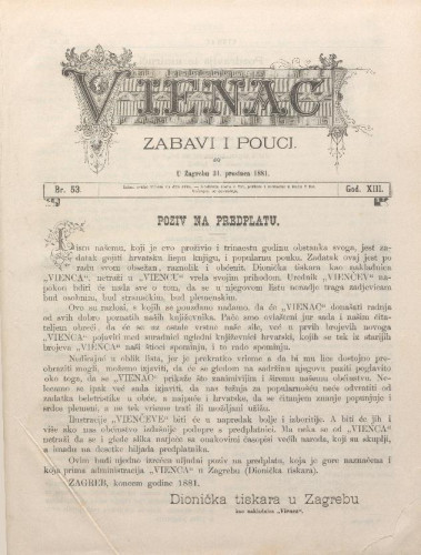 Vienac : zabavi i pouci. : 13,53(1881) / urednik Fran Folnegović.