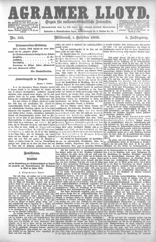 Agramer Lloyd  : organ für volkswirtschaftliche Interessen : 5,152(1902) / verantwortlicher Redacteur E. L. Blau.