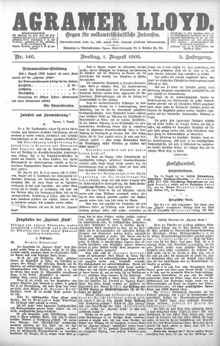 Agramer Lloyd  : organ für volkswirtschaftliche Interessen : 5,146(1902) / verantwortlicher Redacteur E. L. Blau.