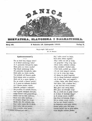 Danica horvatska, slavonska i dalmatinska : 10,42(1844)  / učrednik Ljudevit Gaj.