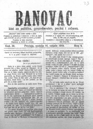 Banovac  : list za politiku, gospodarstvo, pouku i zabavu : 30,8(1919) / odgovorni urednik Mato Segher.