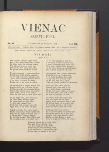 Vienac : zabavi i pouci. : 3,45(1871) / urednik Ivan Dežman.