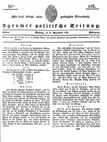 Agramer politische Zeitung : 11,102(1836) / Verlager und Redacteur Franz Stauduar und Ferd. Rosenau.