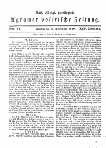 Agramer politische Zeitung : 14,74(1839) / Verlager und Redacteur Franz Stauduar und Ferdinand Rosenau.