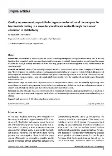 Quality improvement project : reducing non-conformities of the samples for haemostasis testing in a secondary healthcare centre through the nurses' education in phlebotomy / Patricija Banković Radovanović.