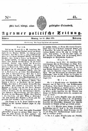 Agramer politische Zeitung : 10,41(1835) / Verlager und Redacteur Franz Stauduar und Ferd. Rosenau.