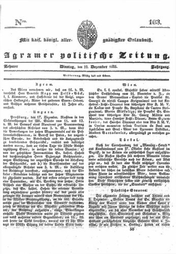 Agramer politische Zeitung : 10,103(1835) / Verlager und Redacteur Franz Stauduar und Ferd. Rosenau.