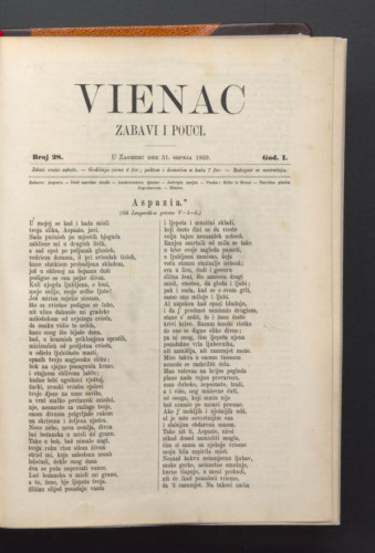 Vienac : zabavi i pouci. : 1,28(1869) / urednik Gjuro Deželić.
