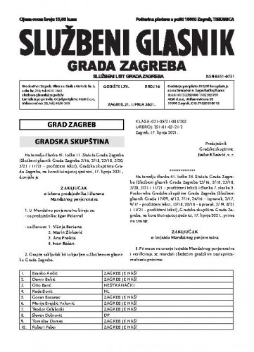 Službeni glasnik grada Zagreba : 65, 16(2021) / glavna urednica Mirjana Lichtner Kristić.