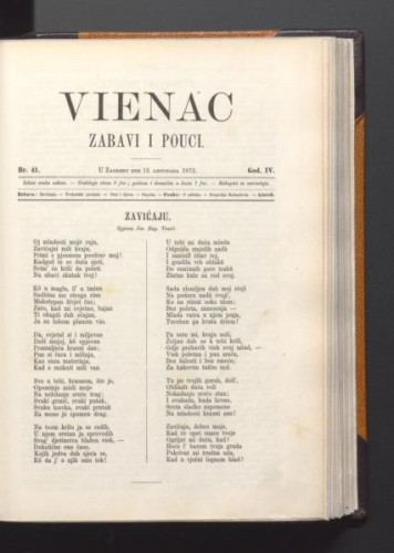 Vienac : zabavi i pouci. : 4,41(1872) / urednik Franjo Marković.