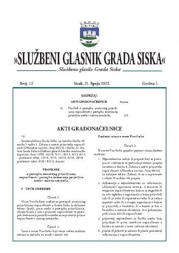 Službeni glasnik Grada Siska  : službeno glasilo Grada Siska : 1,12(2022) / uredništvo Gordana Karapandža Prica ... [et al.].