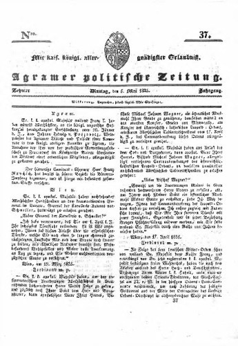 Agramer politische Zeitung : 10,37(1835) / Verlager und Redacteur Franz Stauduar und Ferd. Rosenau.