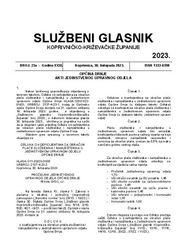 Službeni glasnik Koprivničko-križevačke županije : 31,23a (2023)  / glavni i odgovorni urednik Ljubica Belobrk Flamaceta.