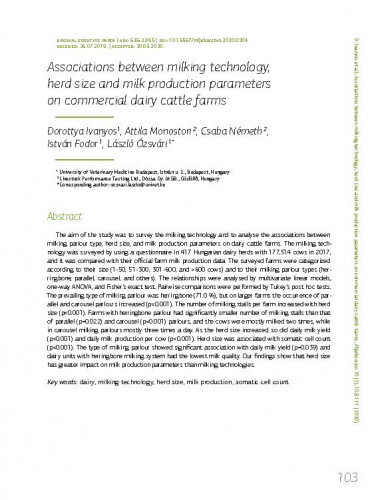 Associations between milking technology, herd size and milk production parameters on commercial dairy cattle farms / Dorottya Ivanyos, Attila Monostori, Csaba Németh, István Fodor, László Ózsvári.