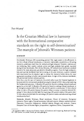 Is the Croatian medical law in harmony with the international comparative standards on the right to self-determination? : the example of Jehovah’s Witnesses patients / Petr Muzny.