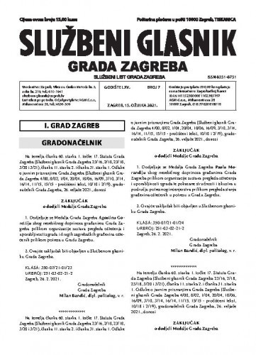 Službeni glasnik grada Zagreba : 65, 7(2021) / glavna urednica Mirjana Lichtner Kristić.