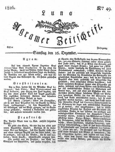 Luna Agramer Zeitschrift : 1,49(1826) / Herausgeber und Redacteurs F. S. Stauduar.