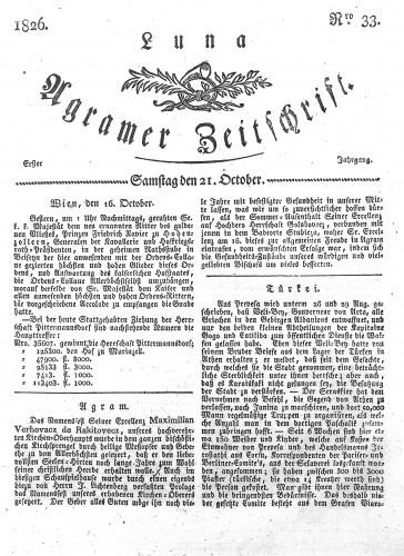 Luna Agramer Zeitschrift : 1,33(1826) / Herausgeber und Redacteurs F. S. Stauduar.