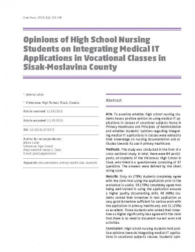 Opinions of high school nursing students on integrating medical IT applications in vocational classes in Sisak-Moslavina County / Jelena Lučan.