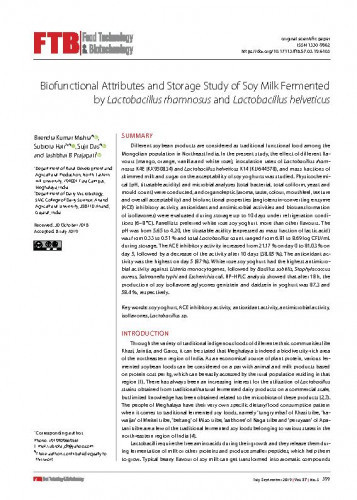Biofunctional attributes and storage study of soy milk fermented by Lactobacillus rhamnosus and Lactobacillus helveticus / Birendra Kumar Mishra, Subrota Hati, Sujit Das, Jashbhai B. Prajapati.