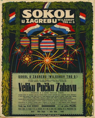 Sokol u Zagrebu priređuje u korist svoje putne blagajne...veliku pučku zabavu.