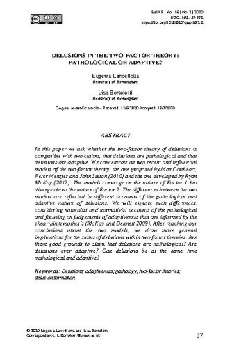 Delusions in the two-factor theory : pathological or adaptive? / Eugenia Lancellotta, Lisa Bortolotti.