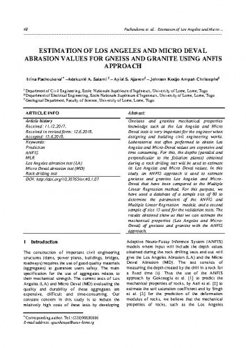 Estimation of Los Angeles and Micro Deval abrasion values for gneiss and granite using ANFIS approach / Irina Pachoukova, Adekunlé A. Salami, Ayité S. Ajavon, Johnson Kodjo Ampah Christophe.
