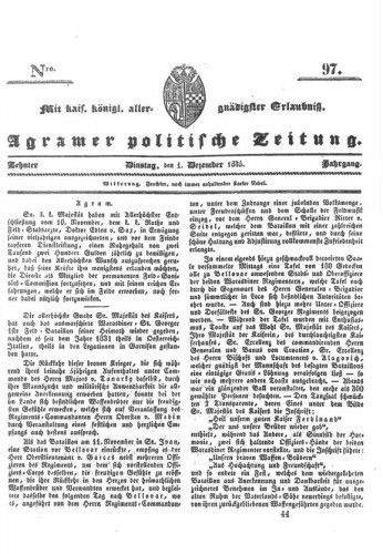 Agramer politische Zeitung : 10,97(1835) / Verlager und Redacteur Franz Stauduar und Ferd. Rosenau.