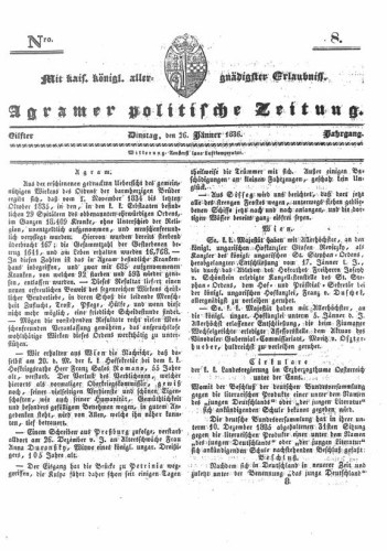 Agramer politische Zeitung : 11,8(1836) / Verlager und Redacteur Franz Stauduar und Ferd. Rosenau.