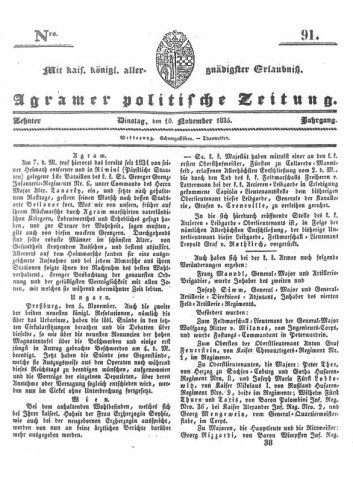 Agramer politische Zeitung : 10,91(1835) / Verlager und Redacteur Franz Stauduar und Ferd. Rosenau.