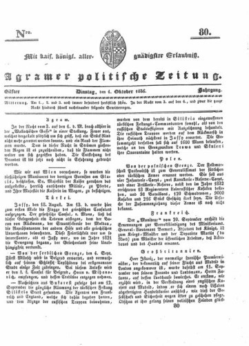 Agramer politische Zeitung : 11,80(1836) / Verlager und Redacteur Franz Stauduar und Ferd. Rosenau.