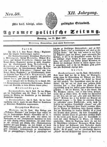 Agramer politische Zeitung : 12,58(1837) / Verlager und Redacteur Franz Stauduar und Ferd. Rosenau.