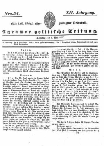Agramer politische Zeitung : 12,54(1837) / Verlager und Redacteur Franz Stauduar und Ferd. Rosenau.
