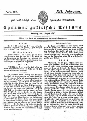 Agramer politische Zeitung : 12,61(1837) / Verlager und Redacteur Franz Stauduar und Ferd. Rosenau.