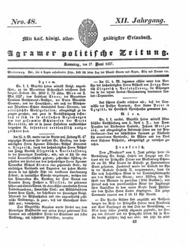 Agramer politische Zeitung : 12,48(1837) / Verlager und Redacteur Franz Stauduar und Ferd. Rosenau.