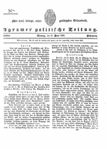 Agramer politische Zeitung : 11,50(1836) / Verlager und Redacteur Franz Stauduar und Ferd. Rosenau.