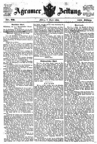 Agramer Zeitung : 29,80(1854) / für die Redaktion verantwortlich Ivan Sonvan. 