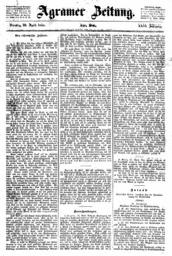 Agramer Zeitung : 26,98(1851) / für die Redaktion verantwortlich Ivan Sonvan