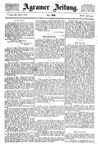 Agramer Zeitung : 26,92(1851) / für die Redaktion verantwortlich Ivan Sonvan