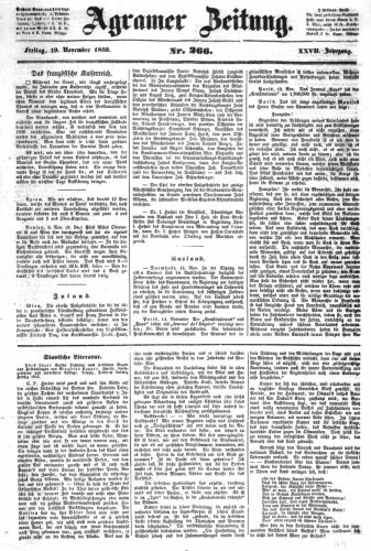 Agramer Zeitung : 27,266(1852) / Redakteur und Verlager F. S. Stauduar.