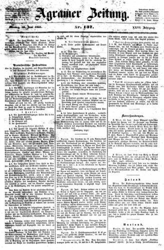 Agramer Zeitung : 26,137(1851) / für die Redaktion verantwortlich Ivan Sonvan