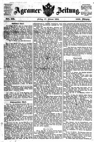 Agramer Zeitung : 29,39(1854) / für die Redaktion verantwortlich Ivan Sonvan. 