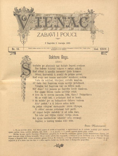 Vienac : zabavi i pouci. : 24,14(1892) / uredjuju V. Klaić i M. Maravić.