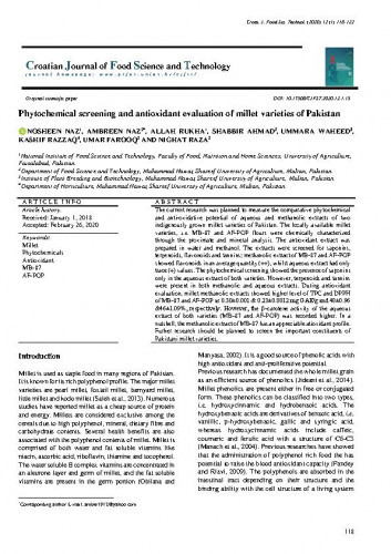 Phytochemical screening and antioxidant evaluation of millet varieties of Pakistan / Nosheen Naz, Ambreen Naz, Allah Rukha, Shabbir Ahmad, Ummara Waheed, Kashif Razzaq, Umar Farooq, Nighat Raza.