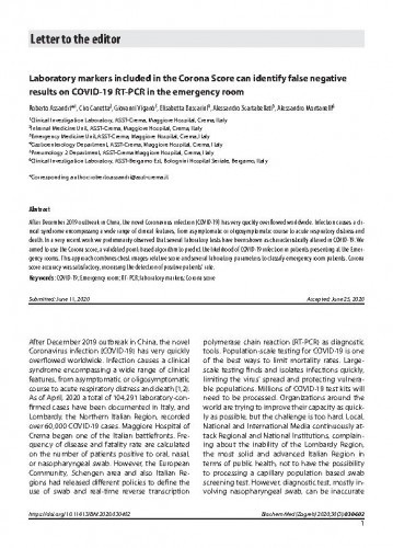 Laboratory markers included in the Corona score can identify false negative results on COVID-19 RT-PCR in the emergency room / Roberto Assandri, Ciro Canetta, Giovanni Viganò, Elisabetta Buscarini, Alessandro Scartabellati, Alessandro Montanelli.