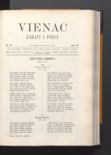 Vienac : zabavi i pouci. : 4,39(1872) / urednik Franjo Marković.