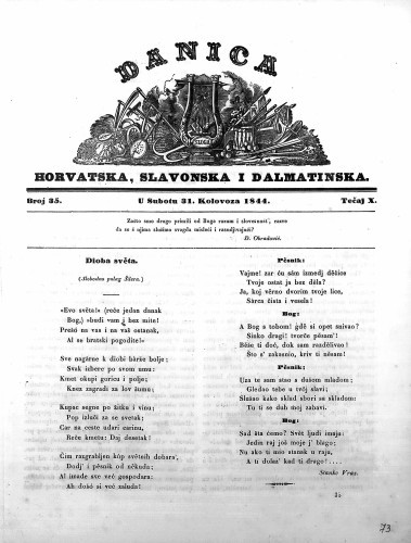 Danica horvatska, slavonska i dalmatinska : 10,35(1844)  / učrednik Ljudevit Gaj.