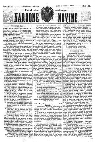 Carsko-kr. službene narodne novine : 26,104(1860)  / odgovorni učrednik Dr. Demeter.