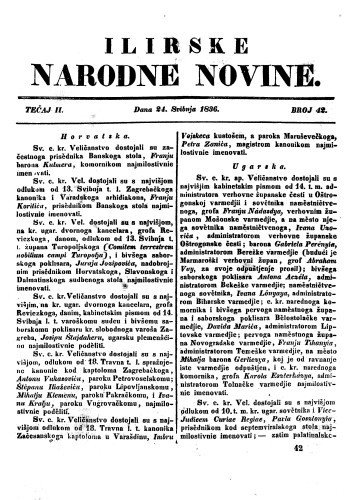 Ilirske narodne novine : 2,42(1836) / redaktor Ljudevit Gay.